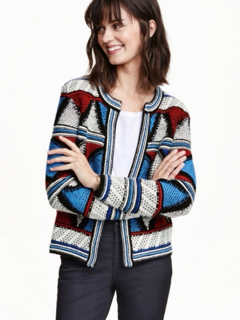 H&M Geometric Knit Open-Front Cardigan - Blue/Red/White